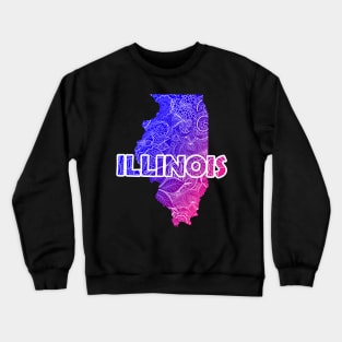 Colorful mandala art map of Illinois with text in blue and violet Crewneck Sweatshirt